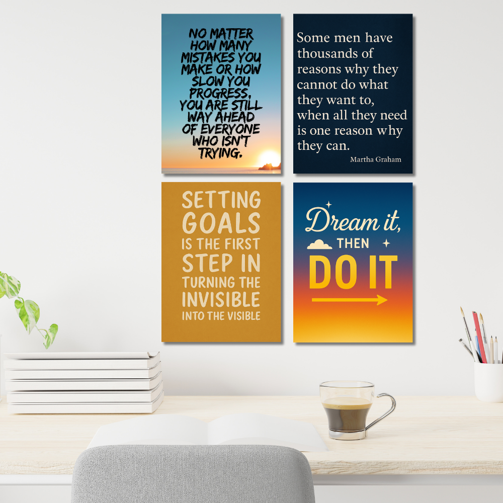 Motivational Quotes Poster Motivation Quote Posters Inspiring Lines Stickers Set of 4 Posters for Students & Study Room Library decoration Living room bedroom kitchen Dining hall & office wall decor