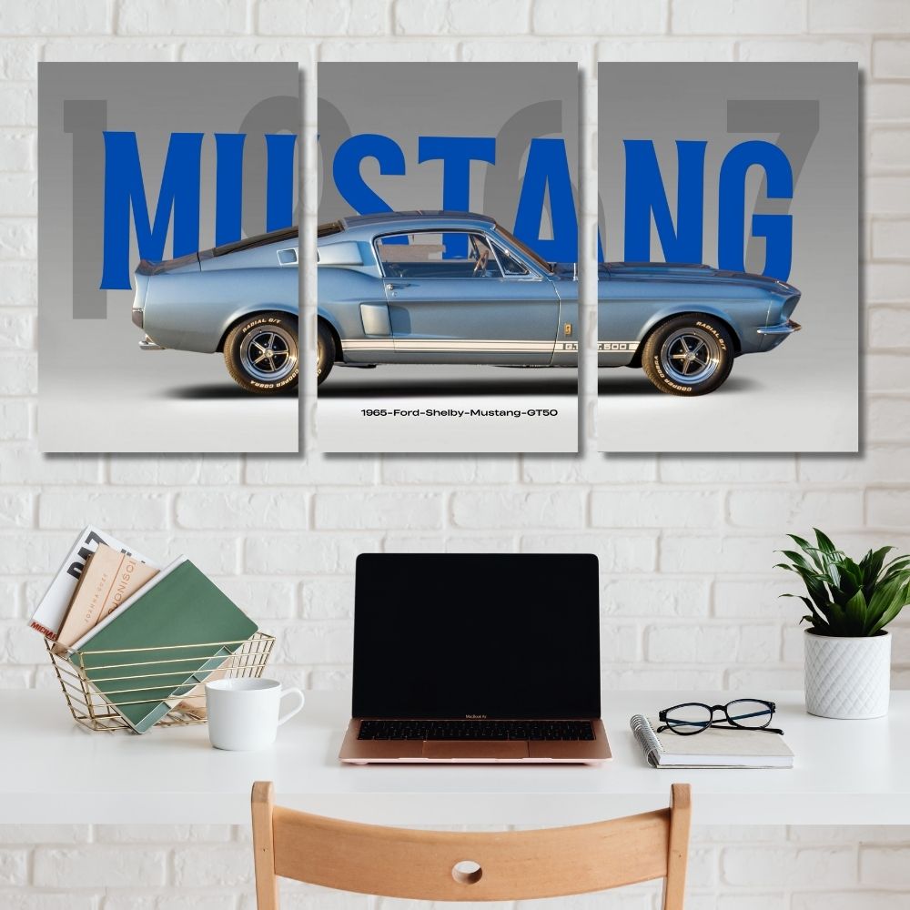 Ford Mustang 1967 Car Split poster in set of 3 posters. It is a vinatge 1967 mdel in blue color