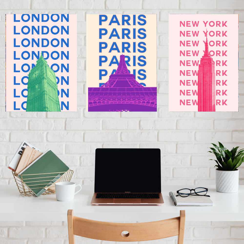 Good Hope Set of 3 Framed POSTER Cityscape Wall Art Inches Bold Typography Posters Featuring Landmarks of London, Paris & New York for Home Decoration