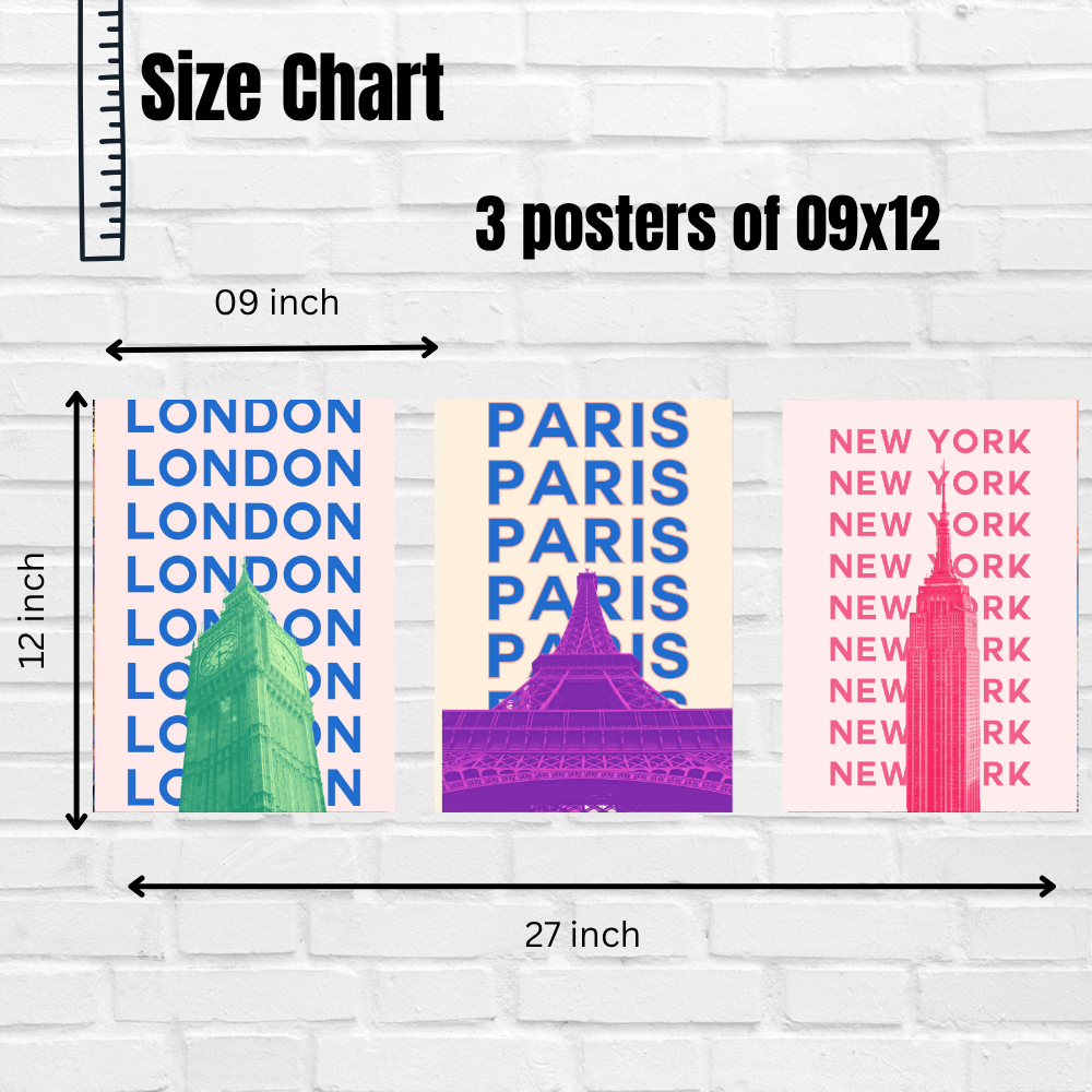 Good Hope Set of 3 Framed POSTER Cityscape Wall Art Inches Bold Typography Posters Featuring Landmarks of London, Paris & New York for Home Decoration