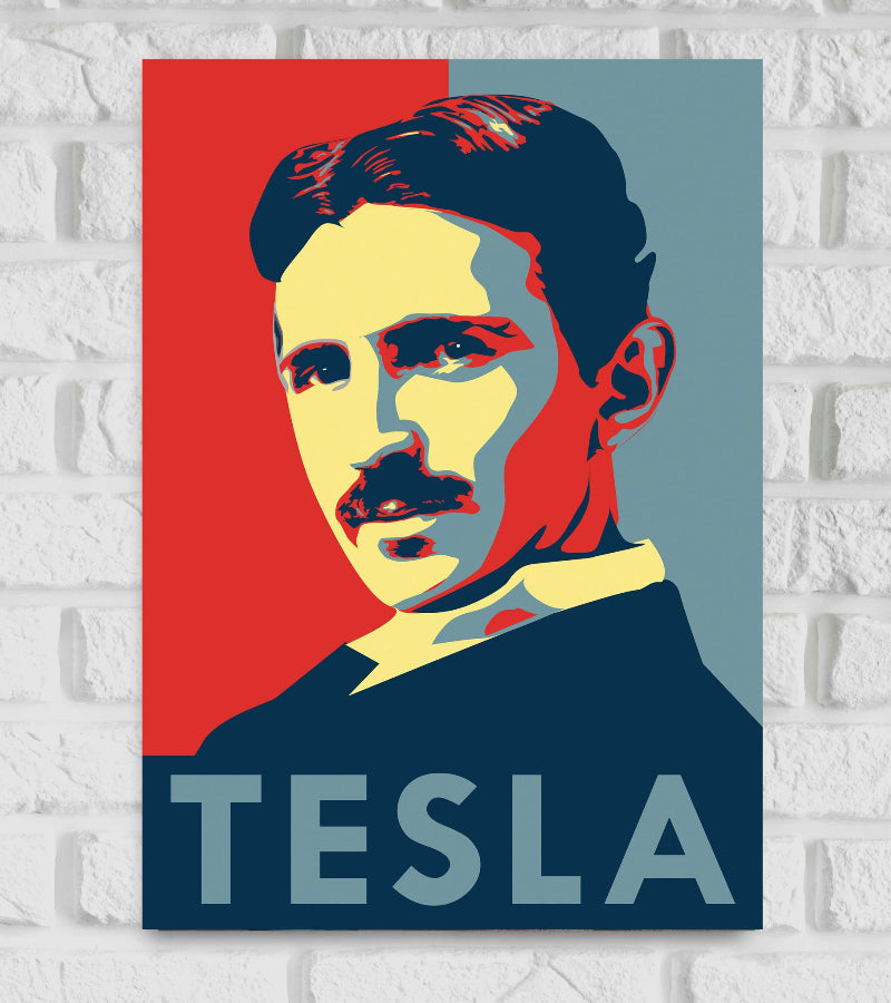 Pop art-style poster Frame of Nikola Tesla, featuring a bold, high-contrast color palette of red, yellow, blue, and gray. Tesla's portrait dominates the center of the image with a serious expression, and the name "TESLA" is written in large capital letters at the bottom. The background is split vertically with red on the left and blue-gray on the right