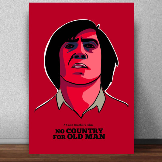 Minimalist poster for the Hollywood Actor directed by the Coen Brothers. The artwork features a stylized, high-contrast illustration of Anton Chigurh, the film's antagonist, with a stern and intense expression. The character is depicted in shades of red pink black against a solid deep red background Below the portrait the text reads A Coen Brothers Film” and the title “NO COUNTRY FOR OLD MAN” in bold black and red typography The striking color palette ased on Cormac McCarthy