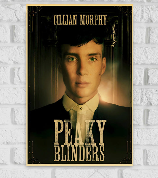 Poster of the TV series 'Peaky Blinders' featuring a close-up portrait of Cillian Murphy as Thomas Shelby, dressed in a formal vintage suit. The background has an ornate, sepia-toned design with architectural columns. 'CILLIAN MURPHY' is written at the top, and the series title 'PEAKY BLINDERS' appears in large, distressed lettering at the bottom British period crime drama television series created by Steven Knight Tommy Shelby
