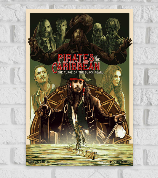 Illustrated poster for the film "Pirates of the Caribbean: The Curse of the Black Pearl." The artwork features Captain Jack Sparrow at the center, standing confidently at the ship’s wheel with a sword in hand. Surrounding him are key characters including Will Turner, Elizabeth Swann, Captain Barbossa, and ghostly undead pirates in the background. The ocean is shown at the bottom, with Jack Sparrow humorously riding a sinking boat. The movie title is prominently displayed in red and white Hollywood Movies