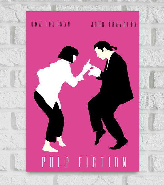 Minimalist poster of Hollywood featuring stylized silhouettes of the iconic dance scene with characters Mia Wallace and Vincent Vega, played by Uma Thurman and John Travolta. Set against a bright pink background, the figures are shown in mid-dance, with Mia in a white shirt and black pants, and Vincent in a black suit. Their names appear at the top in black text, and the film title “PULP FICTION” is displayed in white, capitalized letters at the bottom. The poster uses bold contrast simple
