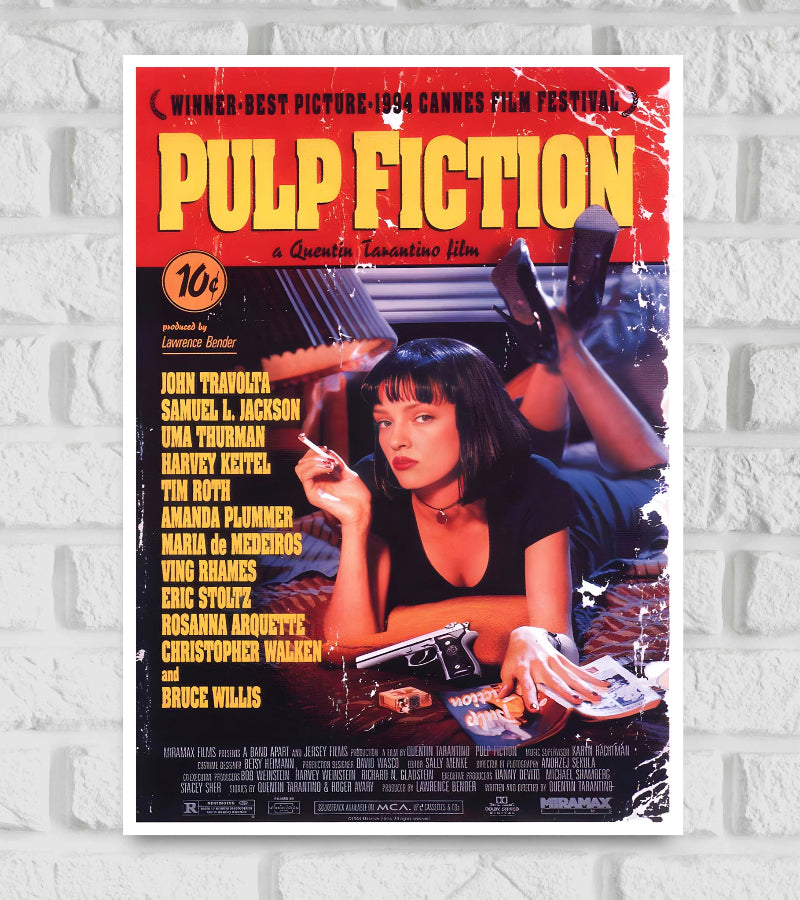 Poster of Pulp Fiction featuring a vintage, worn look with a bold yellow title against a red background. The central image shows Uma Thurman’s character, Mia Wallace, lying on a bed with a cigarette in one hand, a pulp novel, a pistol, and other items spread on the bed in front of her. Cast names including John Travolta, Samuel L. Jackson, and Bruce Willis are listed on the left. At the top, it notes “Winner: Best Picture - 1994 Cannes Film Festival.” The design reflects the film’s retro, gritty, and stylis