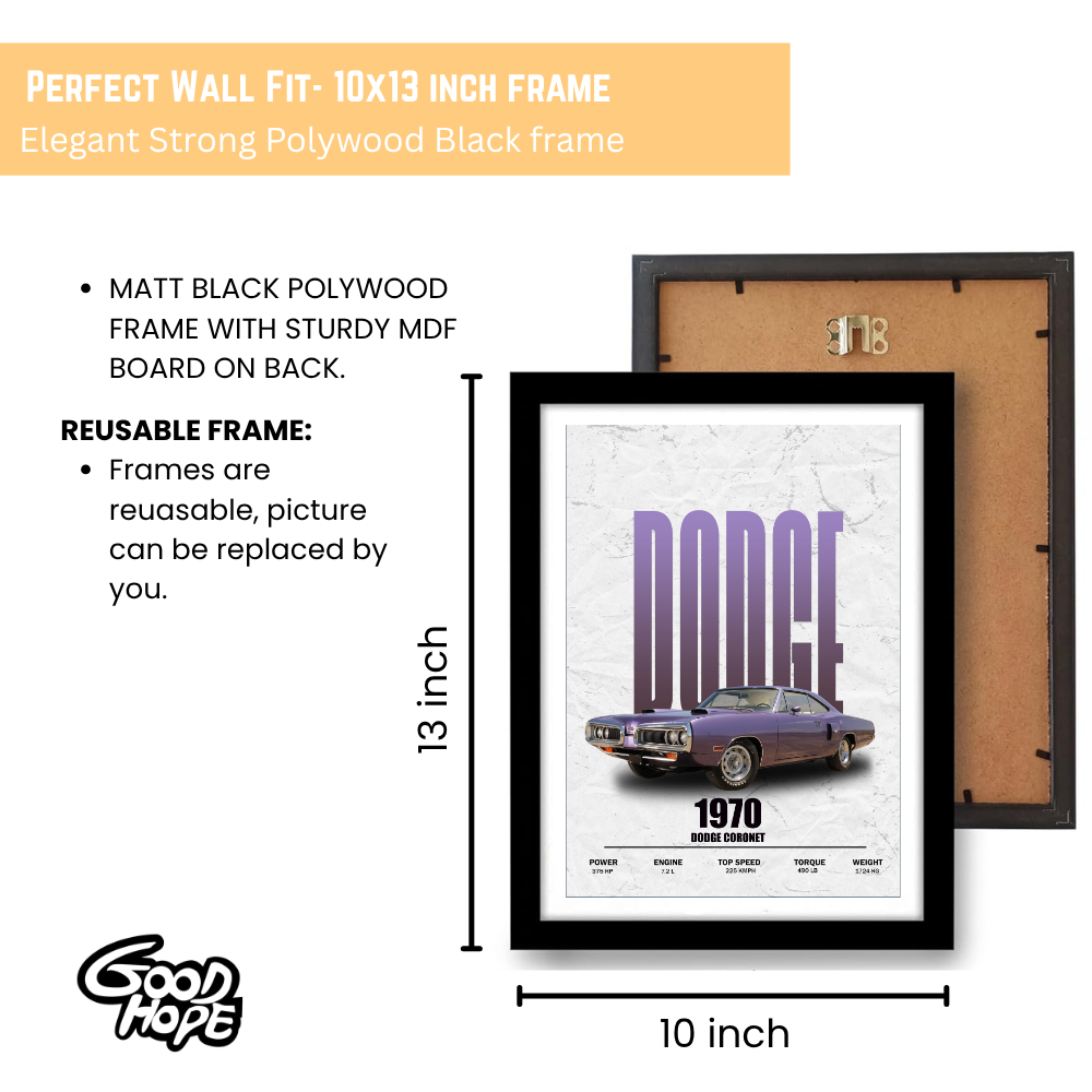 1970 Dodge Coronet Poster Frame, Framed Car Wall Art, Vintage Print for Garage, Man Cave, Office, or Home Decor Living Room, Sports, Study Room Bedroom Hostel Boys