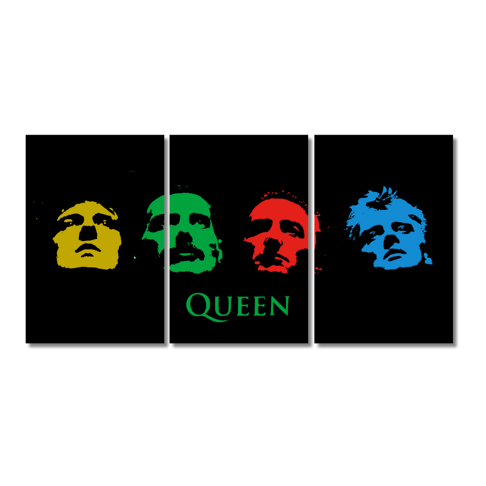 Queen band 3-split poster featuring stylized portraits of band members in yellow, green, red, and blue on a black background with "QUEEN" text in green in the center panel. 