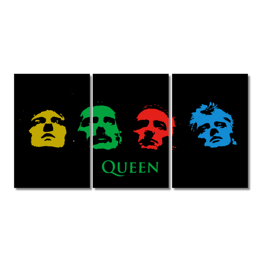Queen band 3-split poster featuring stylized portraits of band members in yellow, green, red, and blue on a black background with "QUEEN" text in green in the center panel. 