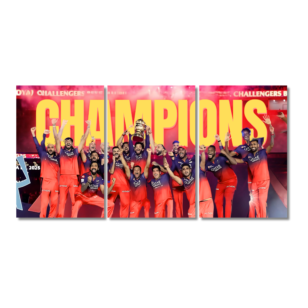 RCB IPL 2025 Champions Poster – 3 Panel Split Wall Art – Royal Challengers Bangalore Trophy Celebration. RCB champions 2025 poster, IPL 2025 winning team wall art, Royal Challengers Bangalore celebration print, Kohli IPL trophy frame, cricket team victory poster, RCB trophy lift wall decor, split panel IPL champions photo, Bangalore IPL champions artwork, RCB fans merchandise, cricket room decor. 