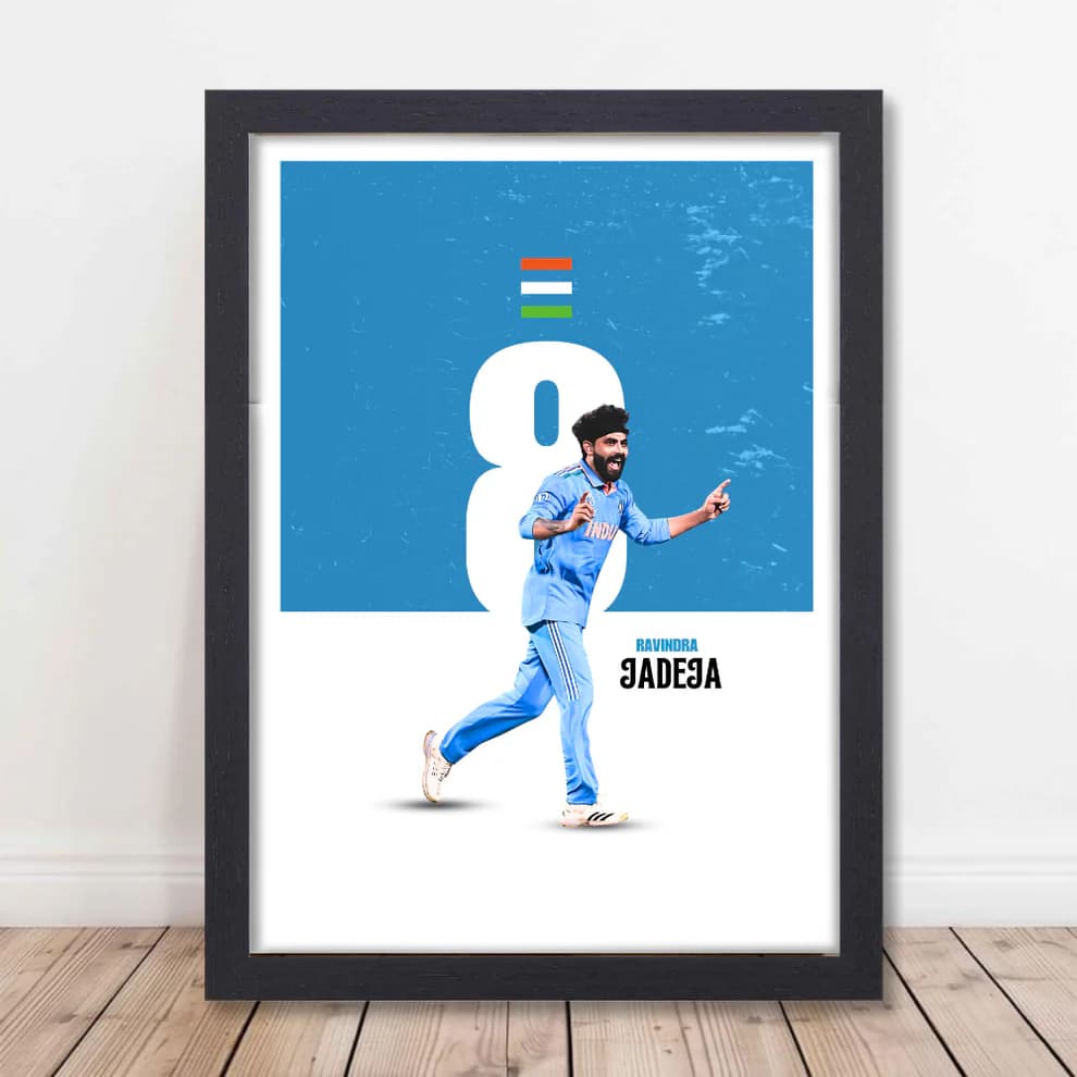 Cricketer Ravindra Jadeja Poster Frame, Cricket Players Photo frame, Cricketers Framed Posters for wall decor, room decor, livingroom, Posters for Boys rooms, hostel Cricket fans