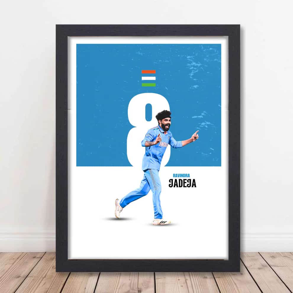 Cricketer Ravindra Jadeja Poster Frame, Cricket Players Photo frame, Cricketers Framed Posters for wall decor, room decor, livingroom, Posters for Boys rooms, hostel Cricket fans