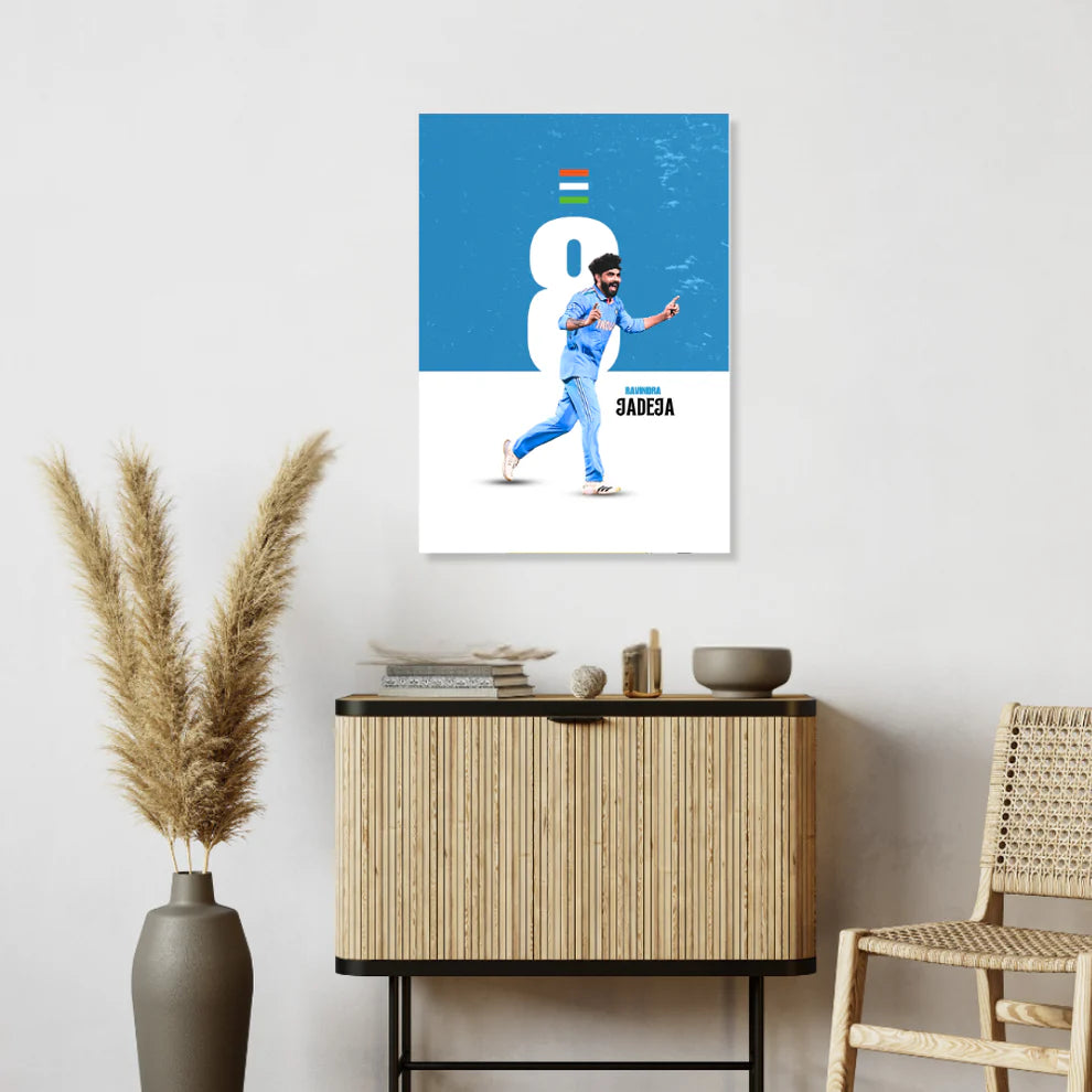 Cricketer Ravindra Jadeja Poster Frame, Cricket Players Photo frame, Cricketers Framed Posters for wall decor, room decor, livingroom, Posters for Boys rooms, hostel Cricket fans