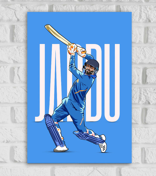 Ravindra Jadeja Jaadu Indian Cricketer All Rounder Sports Player Cricket Games World Cup T20 IPL White Blue Color Matte Finish Wall Decor Posters Frame