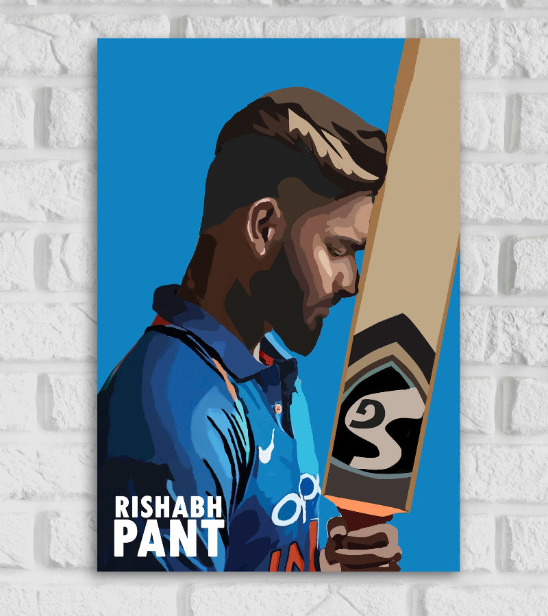 Rishabh Pant Indian cricketer Wicket Keeper Sports Player Cricket Games World Cup T20 IPL Blue & White Color Matte Finish Wall Decor Posters Frame