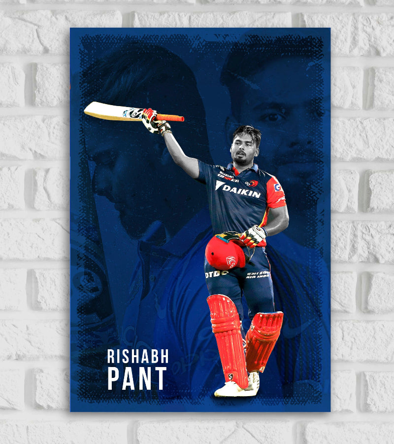 Rishabh Pant Indian cricketer Wicket Keeper Sports Player Cricket Games World Cup T20 IPL Blue Red & White Color Matte Finish Wall Decor Posters Frame