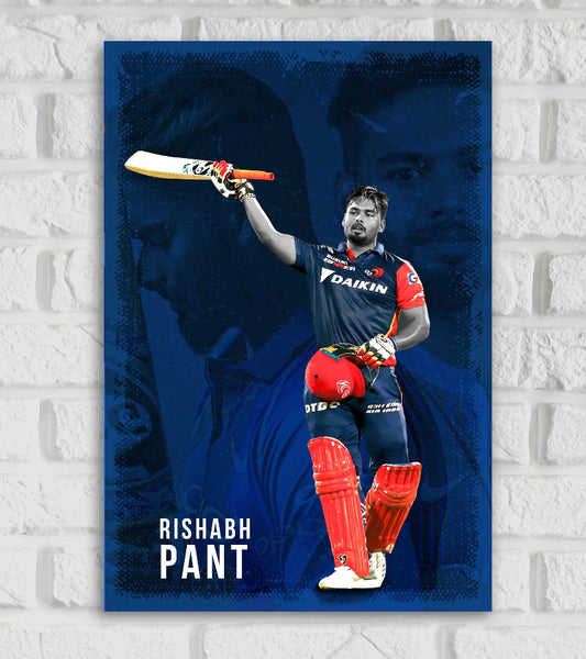Rishabh Pant Indian cricketer Wicket Keeper Sports Player Cricket Games World Cup T20 IPL Blue Red & White Color Matte Finish Wall Decor Posters Frame