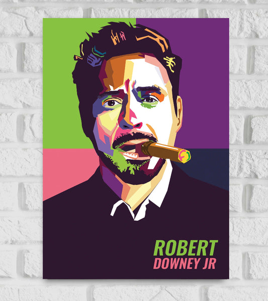 Colorful pop-art style poster of actor Robert Downey Jr. The artwork features a stylized portrait of him smoking a cigar, with bold, contrasting colors such as green, purple, pink, and yellow used in abstract blocks and highlights across his face and background. The text “ROBERT DOWNEY JR” is written in the bottom right corner green pink The modern vibrant design emphasizes his iconic personality and bold presence Hollywood American actor
