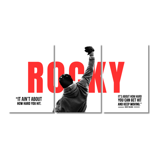 Rocky Balboa 3 split wall poster featuring the iconic back pose with raised fist, bold red "ROCKY" text, and famous motivational quote: “It ain’t about how hard you hit. It’s about how hard you can get hit and keep moving.”
Rocky Balboa Motivational 3 Split Poster (12x18 Inch or 9x12 Inch) – “It Ain’t About How Hard You Hit” Quote Wall Art