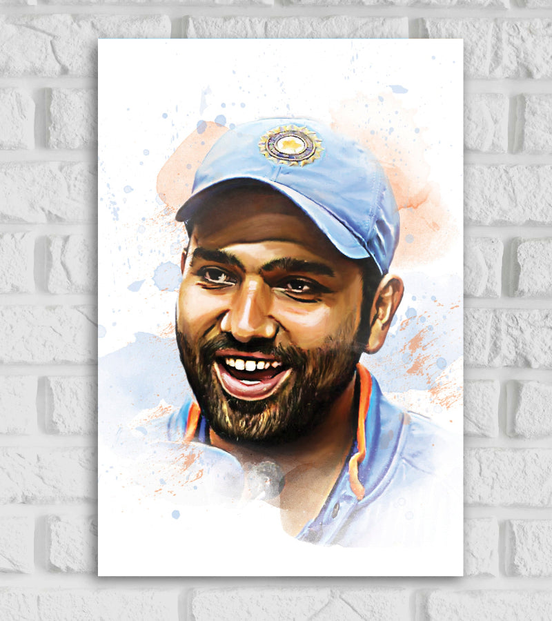 Rohit Sharma Indian Cricketer Painting Cricketer Sports Player Games Cricket World Cup T20 IPL Blue & White Color Matte Finish Wall Decor Posters Frame