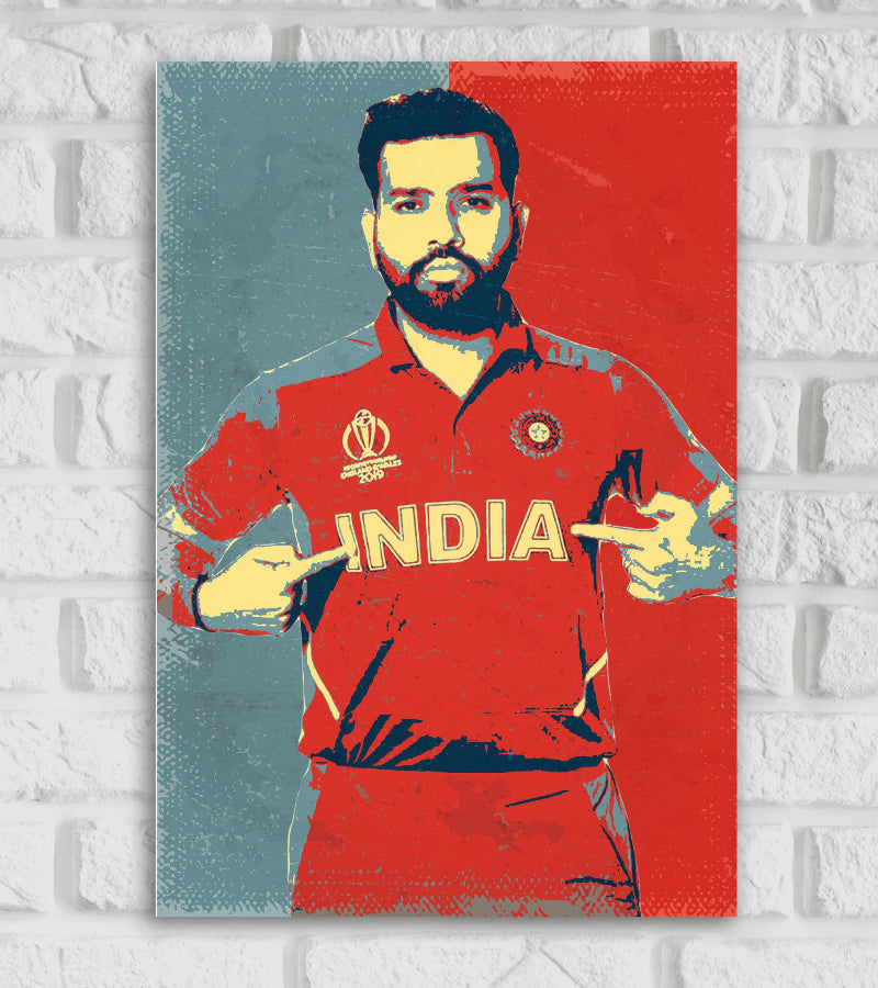 Rohit Sharma Indian Cricketer Cricketer Sports Player Games Cricket World Cup T20 IPL Blue & Red Color Matte Finish Wall Decor Posters Frame