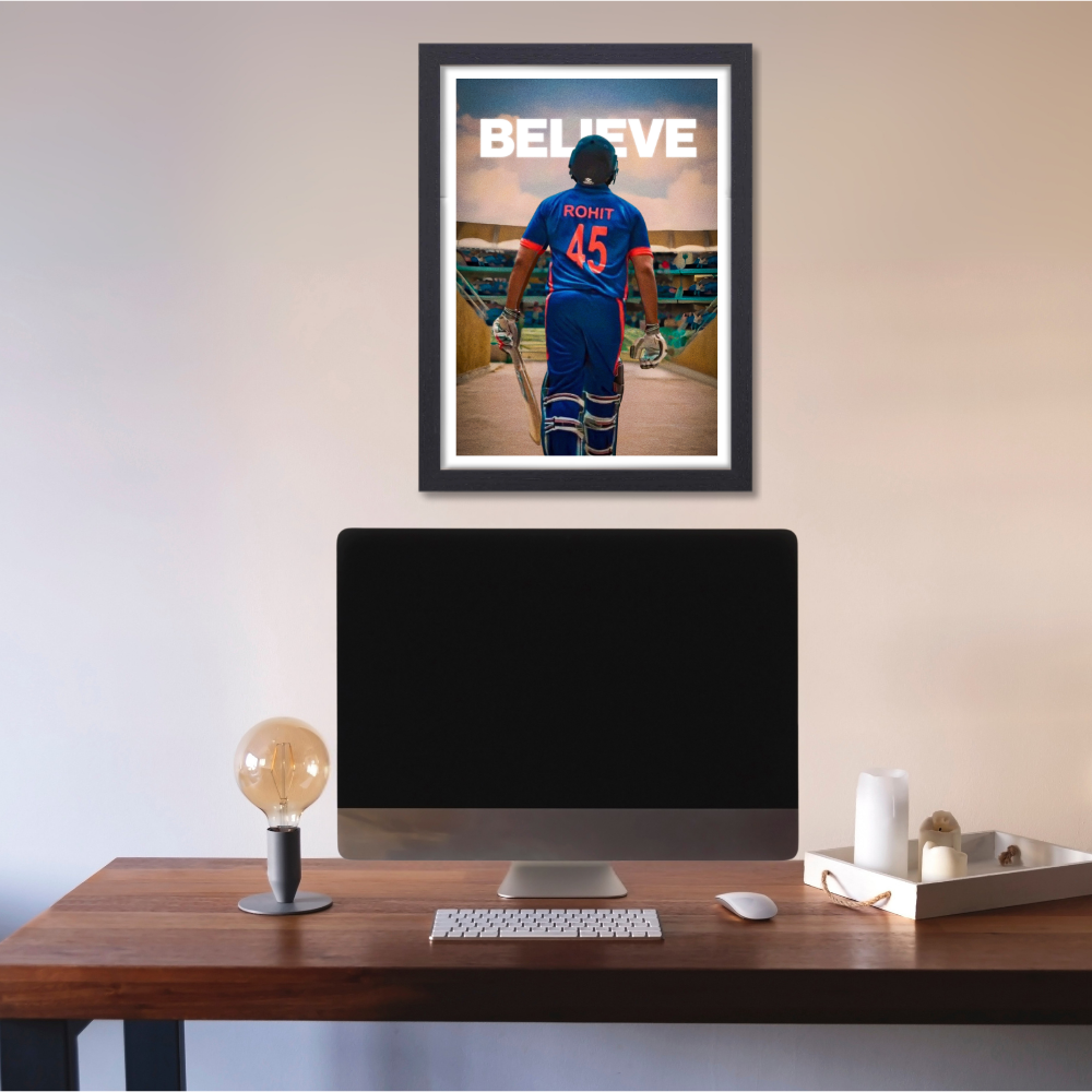 Cricketer Rohit Sharma Poster Cricket Players Motivational Poster, Players Photo posters For wall decor, room decoration home bedroom living room Paintings Boys & Girls Hostel Photos Frame | Frames | Framed