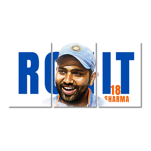 Rohit Sharma 3-panel split wall poster featuring the Indian cricket captain in a blue jersey and cap with bold blue "ROHIT" . Rohit Sharma poster, Indian cricket wall art, Hitman Rohit print, Rohit Sharma number 18 poster, cricket captain wall frame, Rohit Sharma fan gift, India cricket decor, motivational sports poster, Mumbai Indians artwork, Team India player frame, cricket room wall art