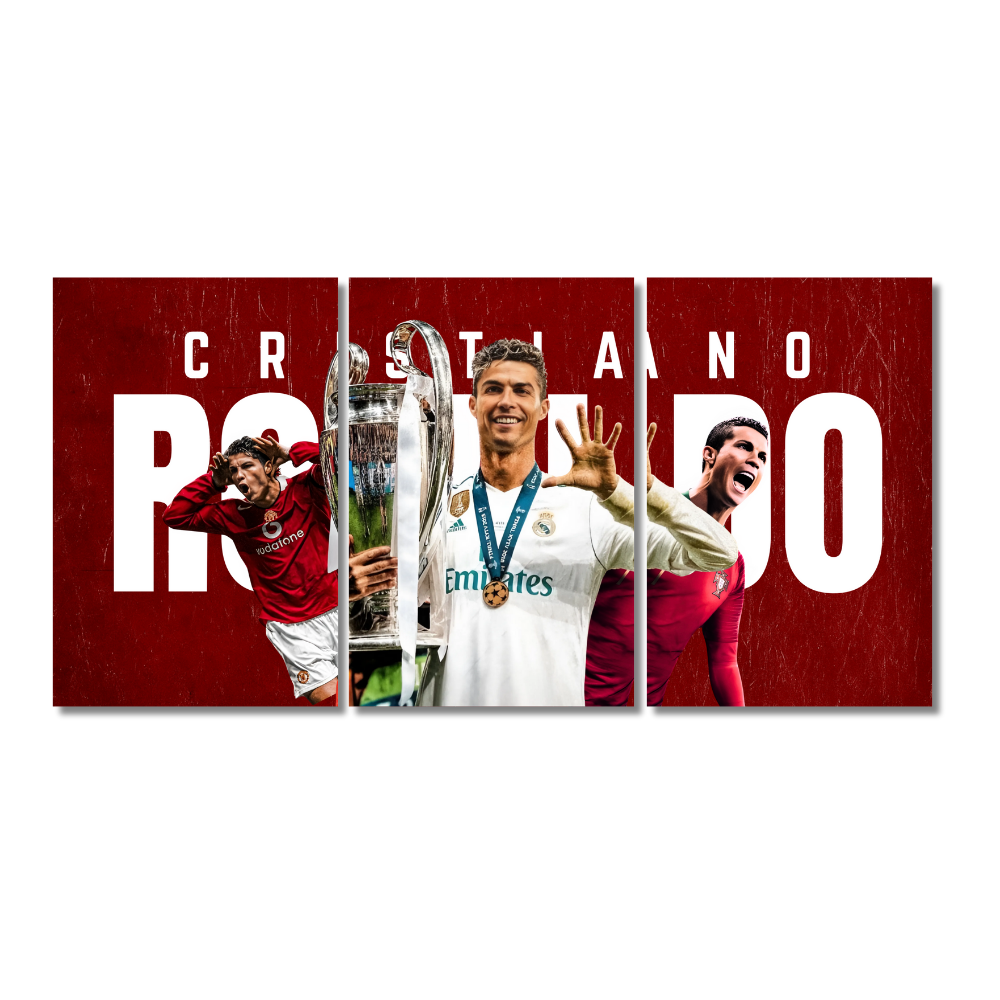 Three-panel split wall poster featuring Cristiano Ronaldo in different iconic moments from his career with Manchester United, Real Madrid, and Portugal, holding a trophy in the center, with a bold red background and white text.