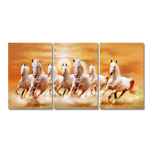 Seven Horses Wall Art 3 Panel Poster – 12x18 Inch Each – Vastu Running White Horses Split Poster for Home, Living Room, Office – Positive Energy Wall Decor for home bedroom living room hall, Seven Horses Vastu Painting Poster with Sun rise Seven Horses Split Poster Split Framed Poster