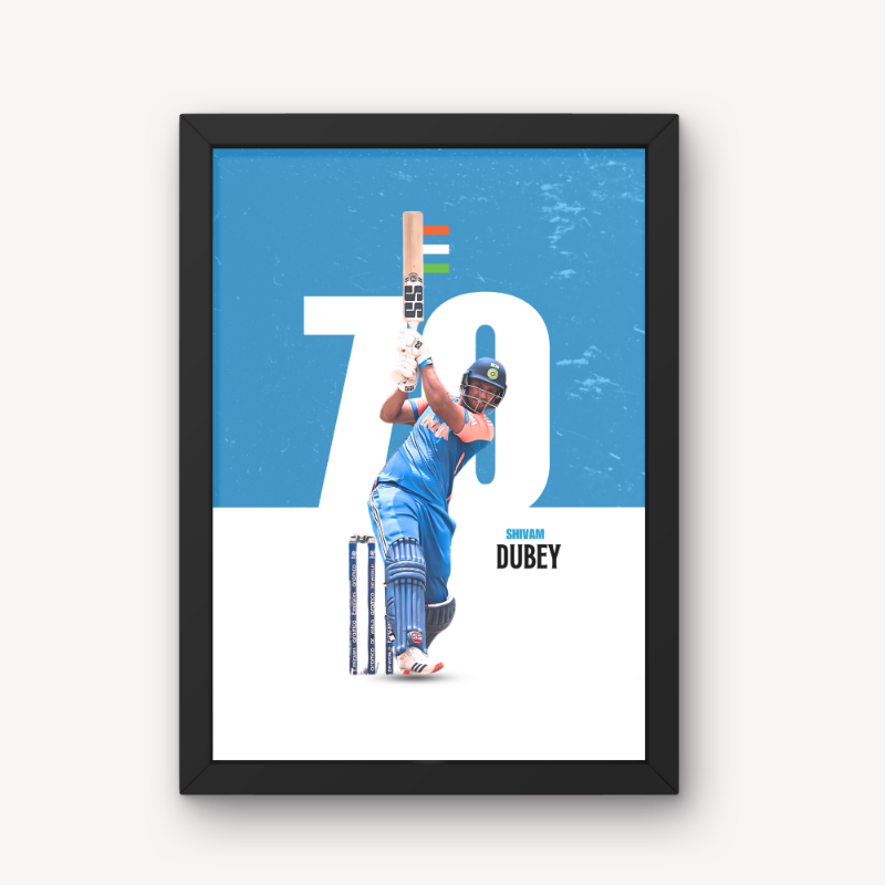 Shivam Dube Indian Cricketer Sports Player Cricket World Cup T20 IPL Motivational Quote White & Blue Color Matte Finish Wall Decor Posters Frame