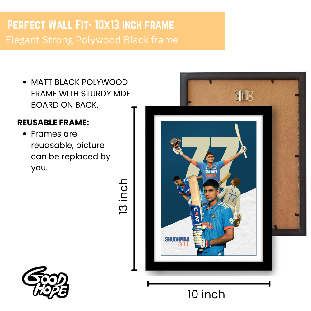 Shubhman Gill Fram Shubhman Gill Poster, Indian Cricketers Photo Frame, Motivational Quote Framed poster inspiration, sports room decoration,