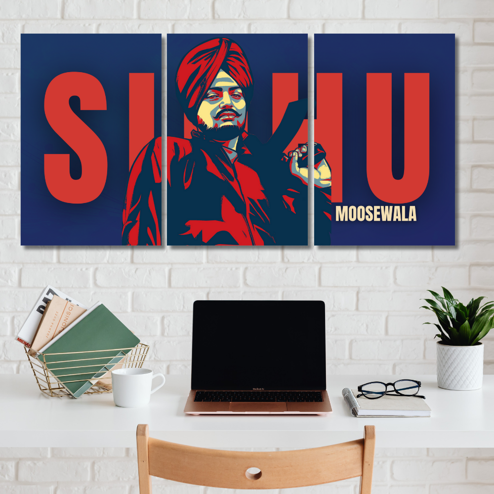 Sidhu Moosewala 3-panel split wall poster featuring pop-art style Poster