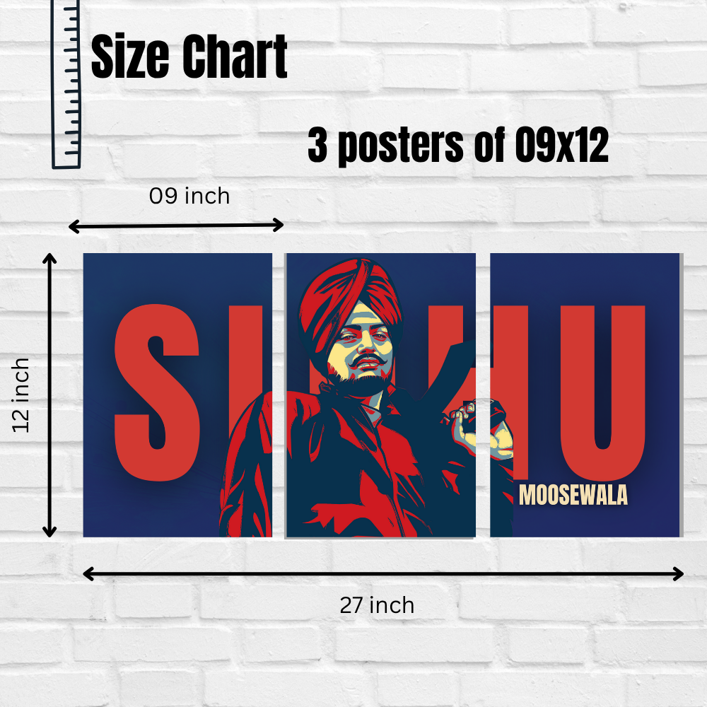 Sidhu Moosewala 3-panel split wall poster featuring pop-art style Poster