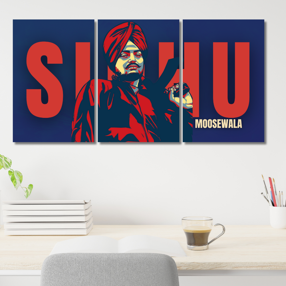 Sidhu Moosewala 3-panel split wall poster featuring pop-art style Poster