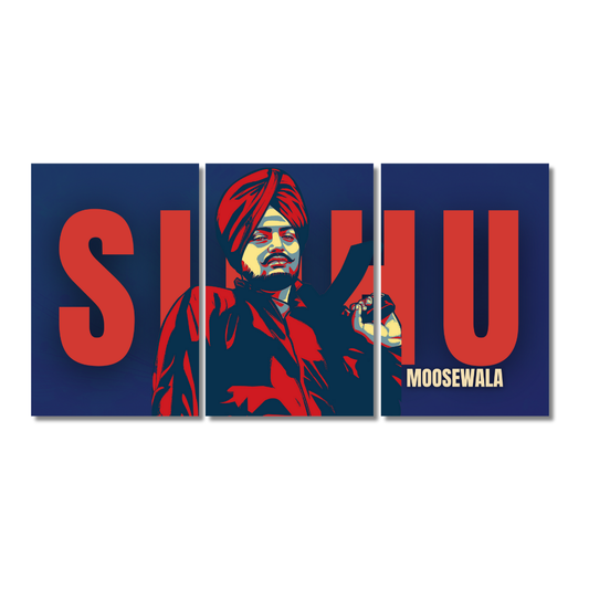 Sidhu Moosewala 3-panel split wall poster featuring pop-art style portrait in red and navy blue tones with bold "SIDHU MOOSEWALA". Sidhu Moosewala poster, Punjabi singer wall art, Sidhu Moosewala painting, Moosewala framed decor, Punjabi rap icon art, Sidhu Moosewala fan gift, Indian rapper wall frame, musical legend poster, desi hip hop Sidhu Moosewala quote artwork 