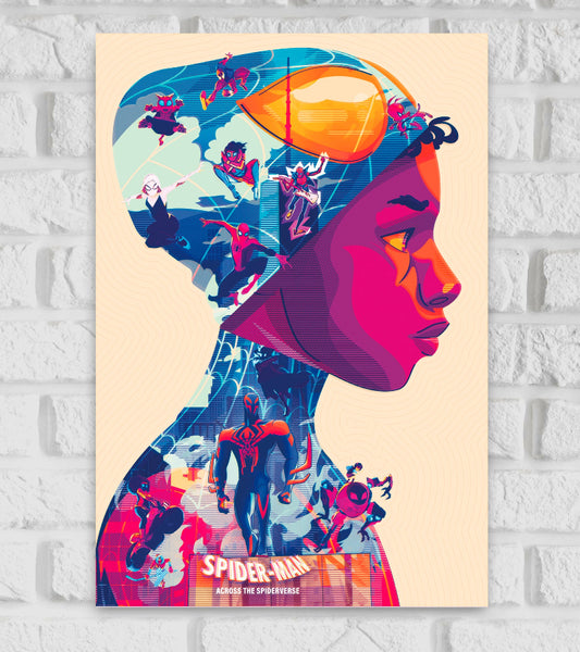 Vibrant illustrated poster of Spider-Man: Across the Spider-Verse featuring the side profile of a young character filled with multiple Spider-People from various dimensions in action poses. The background within the silhouette is dynamic and colorful representing different universes and Spider variants. At the bottom, the title “SPIDER-MAN: ACROSS THE SPIDER-VERSE” is displayed in bold white and orange text. The overall style is bold graphic and rich in neon-like colors Hollywood American animated superhero