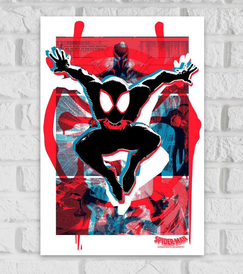 "Stylized poster of Spider-Man: Across the Spider-Verse featuring Miles Morales in his black and red Spider-Man suit leaping forward with arms outstretched. The background includes abstract red, blue, and white comic-style designs, with shadowy figures and text elements, creating a dynamic and vibrant action-themed composition." Hollywood Avengers Action Drama Thrill superhero Spider-Man Peter Parker superhero in American comic books published by Marvel Comics