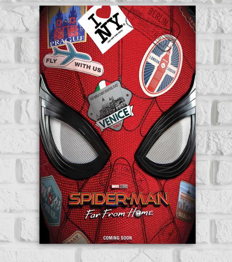 Poster of Spider-Man: Far From Home featuring a close-up of Spider-Man’s mask covered with travel-themed stickers from various cities including Prague, New York, London, Venice, and Berlin. The Marvel Studios logo and movie title appear at the bottom, with 'Coming Soon' text below." Avengers Action Hollywood Movies Peter Parker Tobey Maguire