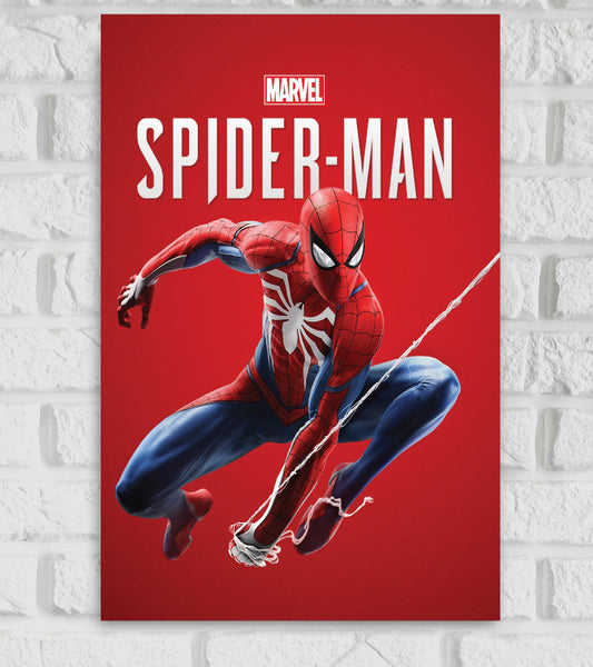 Poster of Marvel's Spider-Man featuring the superhero in a dynamic crouching pose, shooting a web forward. The background is solid red with the Marvel logo and bold white text reading "SPIDER-MAN" at the top Hollywood Movies Avengers