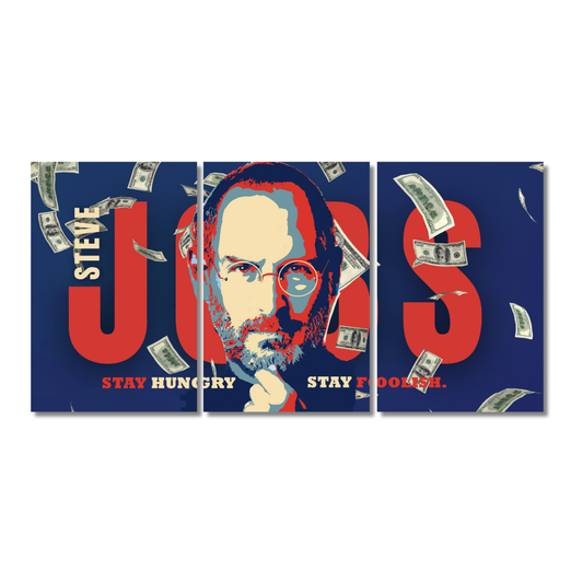 Steve Jobs 3-panel split wall poster featuring pop-art portrait, flying dollar bills, and motivational quote “Stay Hungry Stay Foolish” on dark blue and red background
Steve Jobs poster, inspirational wall art, entrepreneur decor, Stay Hungry Stay Foolish poster, Steve Jobs quote print, motivational poster, Apple founder wall art, billionaire wall frame, tech legend artwork, startup decor, Steve Jobs split frame, creative leader poster. visionary co-founder of Apple, iPhone, iPad, and Mac.