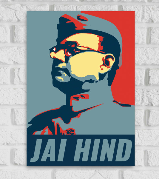 Pop art-style poster of Subhas Chandra Bose with a bold and contrasting color palette of red, yellow, blue, and gray. The portrait shows Bose in a side profile, wearing his iconic cap and glasses, with a confident and determined expression. At the bottom, the phrase "JAI HIND" is written in large capital letters