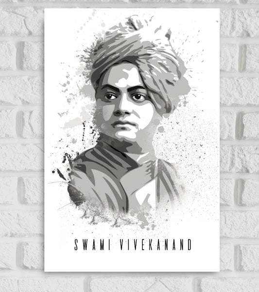 Artistic grayscale poster of Swami Vivekananda with a paint-splatter effect. The portrait shows Swami Vivekananda wearing a traditional robe and turban, rendered in varying shades of gray and black. Below the image, his name "SWAMI VIVEKANAND" is written in a tall, modern, all-caps font.