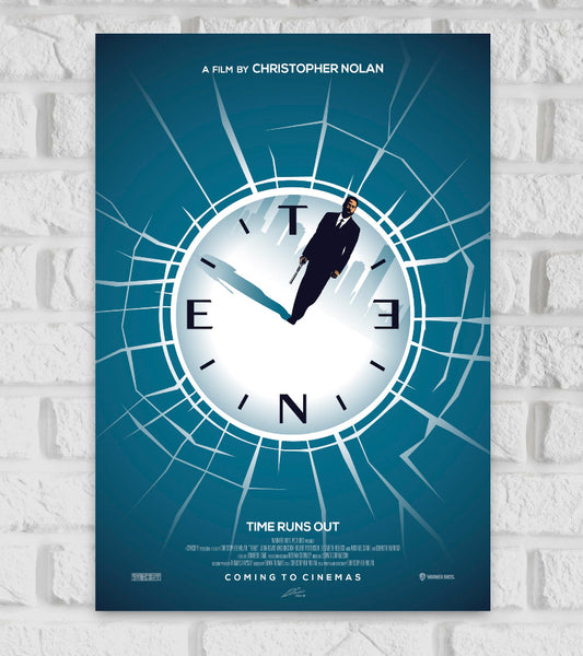Poster for the film "Tenet," directed by Christopher Nolan The design features a large cracked clock face with the word "TENET" arranged around it like clock numbers. A sharply dressed man in a suitholding a gun walks across the clock, casting a long shadow. The clock is set against a blue background with shattered glass radiating outward, symbolizing distortion of time. The tagline "Time Runs Out" is displayed below the clock, along with movie credits and "Coming to Cinemas" text at the bottom Hollywood 