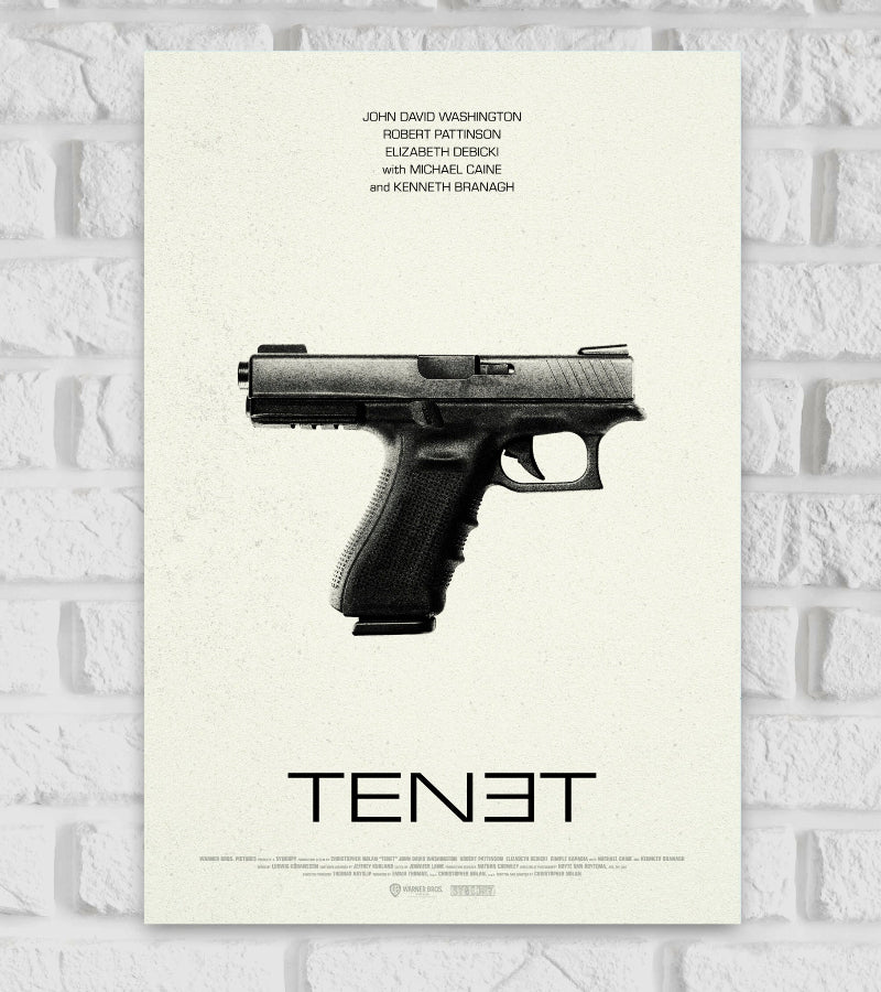 Poster of the movie "Tenet" featuring a minimalist design with a black handgun placed horizontally in the center on a light, textured background. Above the gun, the names of the lead actors—John David Washington, Robert Pattinson, Elizabeth Debicki, Michael Caine, and Kenneth Branagh—are listed. Below the gun, the title "TENƎT" is displayed in bold, modern typography with the last "E" reversed, emphasizing the film's theme of time inversion Hollywood Movies