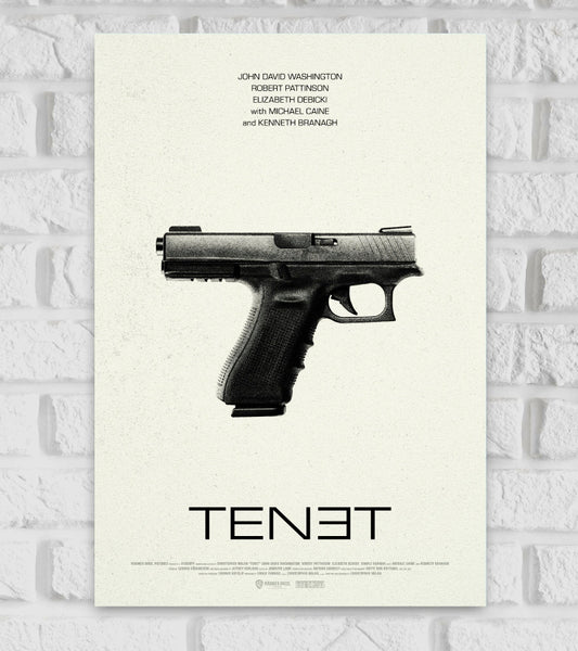 Poster of the movie "Tenet" featuring a minimalist design with a black handgun placed horizontally in the center on a light, textured background. Above the gun, the names of the lead actors—John David Washington, Robert Pattinson, Elizabeth Debicki, Michael Caine, and Kenneth Branagh—are listed. Below the gun, the title "TENƎT" is displayed in bold, modern typography with the last "E" reversed, emphasizing the film's theme of time inversion Hollywood Movies