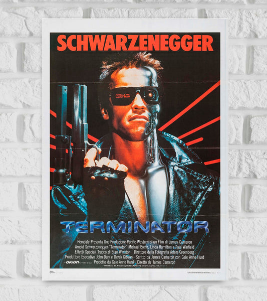 Poster of The Terminator featuring Arnold Schwarzenegger in a black leather jacket and sunglasses, holding a gun. Half of his face is exposed, revealing the metallic endoskeleton underneath. Red laser-like lines radiate in the background, with "SCHWARZENEGGER" in bold red letters at the top and the title “TERMINATOR” in metallic blue at the bottom. The poster has a gritty, futuristic aesthetic typical of 1980s sci-fi action films American media franchise created Hollywood Drama Actor