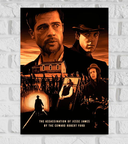 Prominently depicted are Brad Pitt as Jesse James and Casey Affleck as Robert Ford, both with serious expressions. The background includes a farmhouse, a railroad tunnel with a silhouette of a man holding a lantern, and a coffin scene surrounded by mourners. bold serif font, The poster conveys a somber, dramatic tone reflecting the historical and emotional depth of the story illustrations in warm sepia tones Western Crime Hollywood Action Adventure
