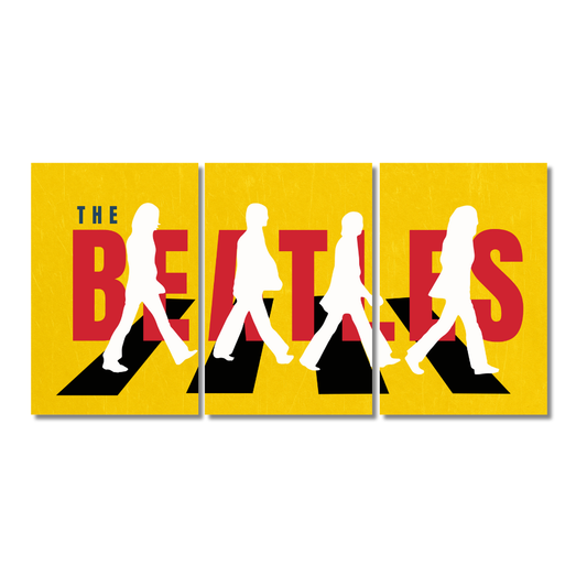 The Beatles 3-panel wall poster featuring silhouette artwork of the band walking on Abbey Road with yellow background and red "BEATLES". The Beatles poster, Abbey Road wall art, Beatles silhouette frame, Beatles band artwork, 60s rock poster, Paul McCartney John Lennon George Harrison Ringo Starr poster, Beatles fan gift, British rock band decor, Beatles crossing road poster, music legend wall Poster John Lennon, Paul McCartney, George Harrison, and Ringo Starr