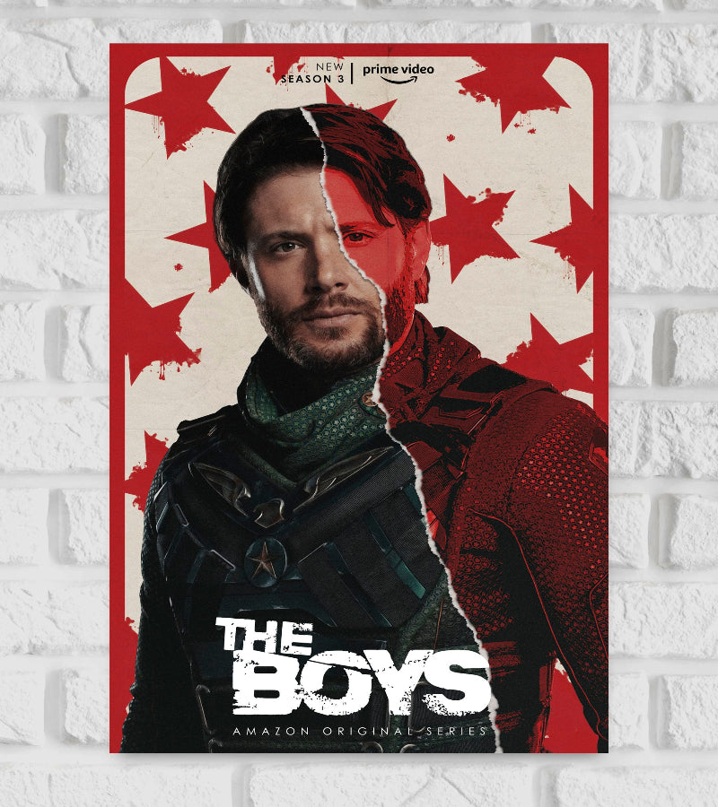 "Poster of the Amazon Original Series 'The Boys' featuring a character with a torn split-face design—half showing a realistic portrait and the other half a red-toned superhero suit. The background has distressed red stars on a beige surface. The title 'The Boys' appears in bold, white distressed font at the bottom." Action Black Comedy Drama American documentary film about the Sherman Brothers (Richard M. and Robert B.} Walt Disney Hollywood Action Actor