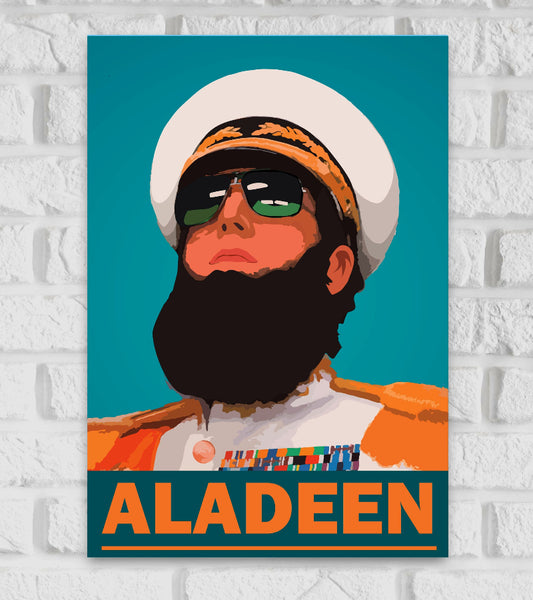 Poster of Aladeen featuring a stylized illustration of a man with a thick black beard, wearing a white military uniform with medals, an orange sash, a white turban with gold detailing, and dark sunglasses. The background is teal, and the bold orange text "ALADEEN" is displayed at the bottom. The character has a confident, authoritarian expression, inspired by the satirical film The Dictator.
Hollywood Moies political satire black comedy film